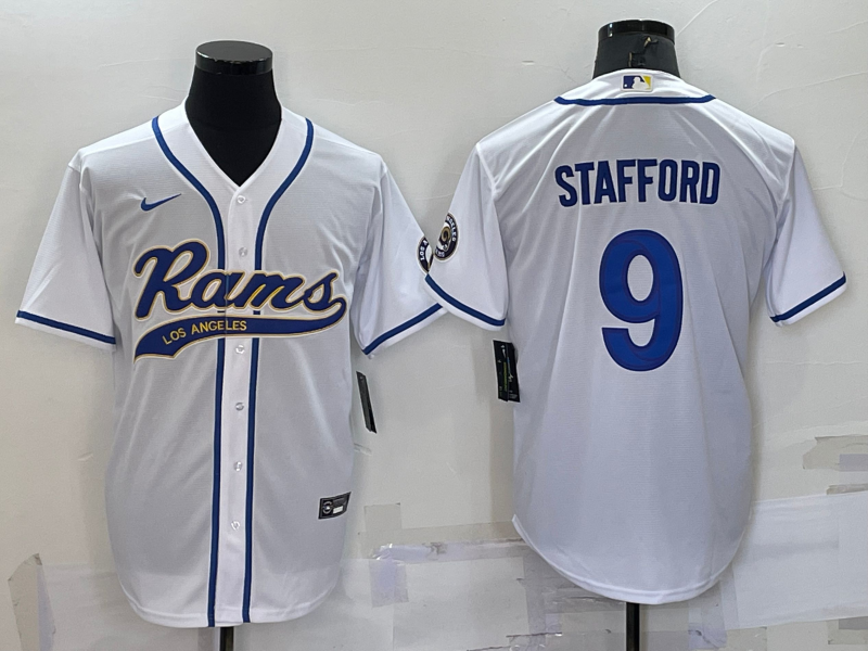 Men's White Los Angeles Rams #9 Matthew Stafford With Patch Cool Base Stitched Baseball Jersey